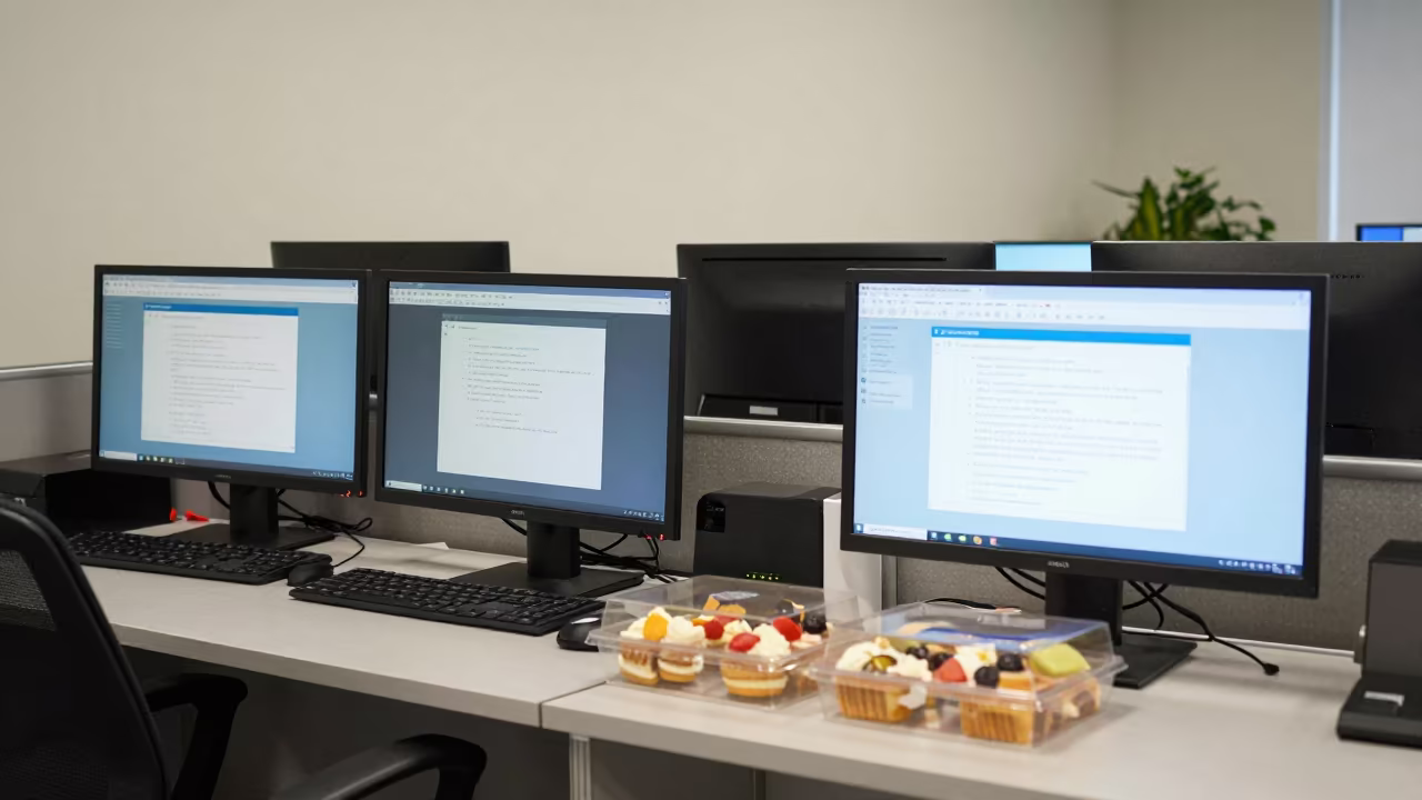 Kut Operations Desk Cluster with Pastry Boxes in in an operations center under monitor glow in Kut