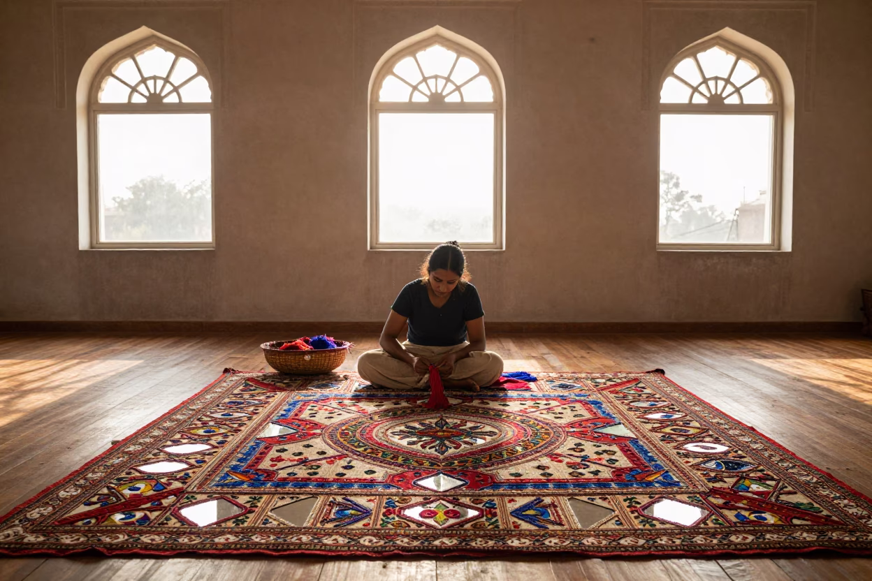 Kutch Artisan Mirrors Before Sunrise in in a ceremonial hall in Hyderabad
