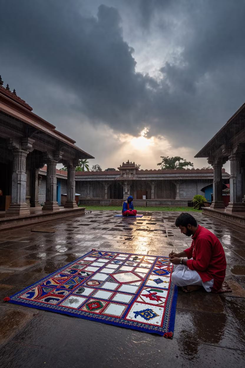 Kutch Artisan Weaving Mirror Work at Dawn in in a temple courtyard near Beira
