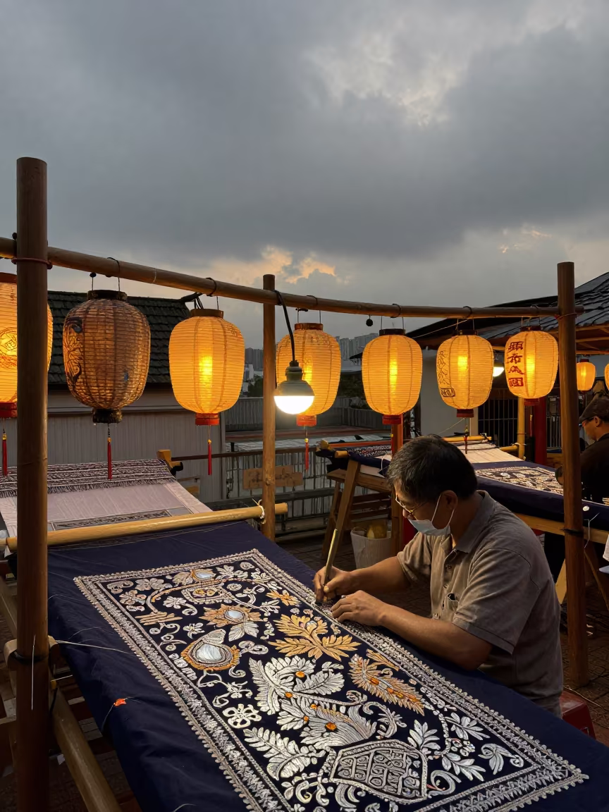 Kutch Mirror Artisan in Sheung Wan Shrine in in a shrine lined with lanterns in Sheung Wan, Hong Kong