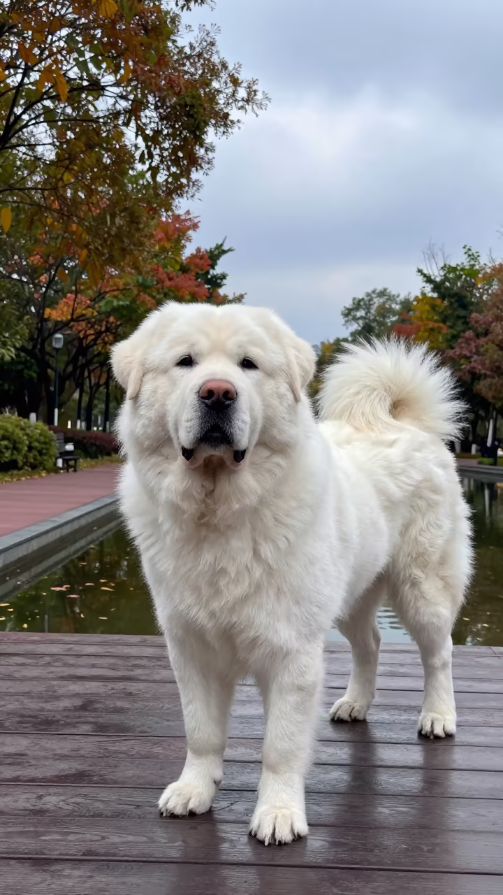 Kuvasz Dog on Shaded Nanning Porch Midday in along a quiet park path with soft open shade and a clean background in Nanning