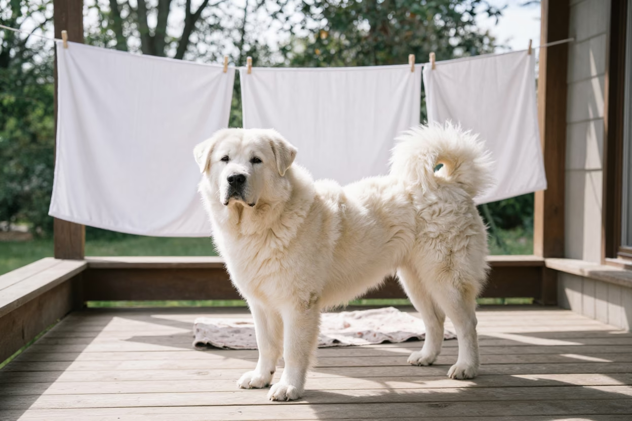 Kuvasz Dog on Shaded Porch in Lublin Park in along a quiet park path with soft open shade and a clean background near Lublin