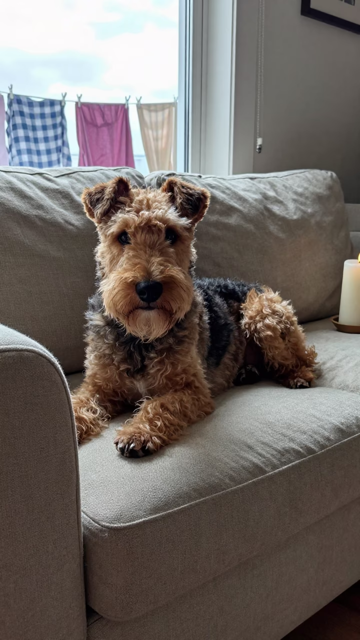 Kuvasz Dog Resting on Linen Sofa in Dundee in on a linen sofa with daylight from a nearby window in Dundee