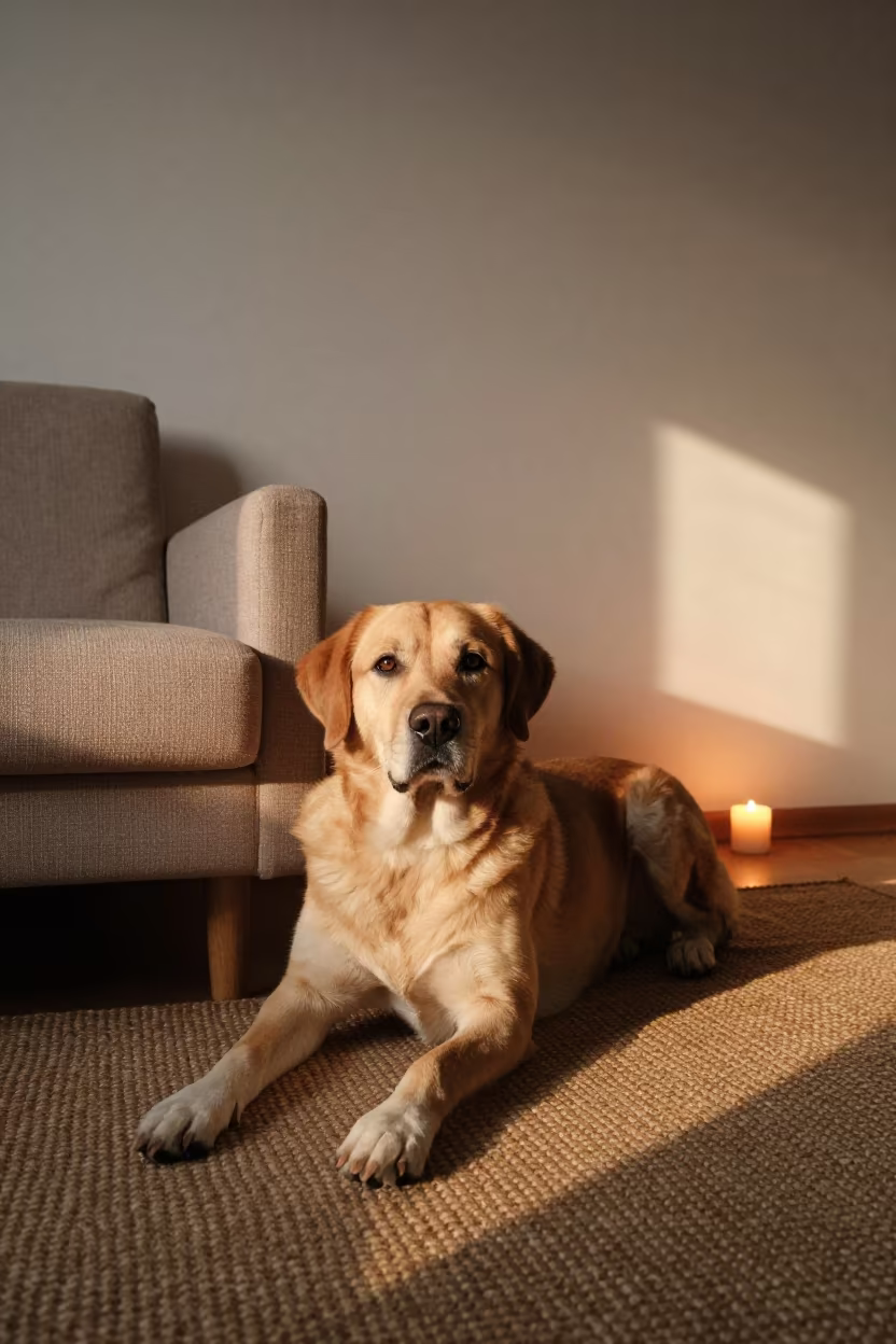 Kuvasz Dog Resting on Rug by Couch in Minsk Home in on a woven rug beside a low couch and an uncluttered wall in Minsk