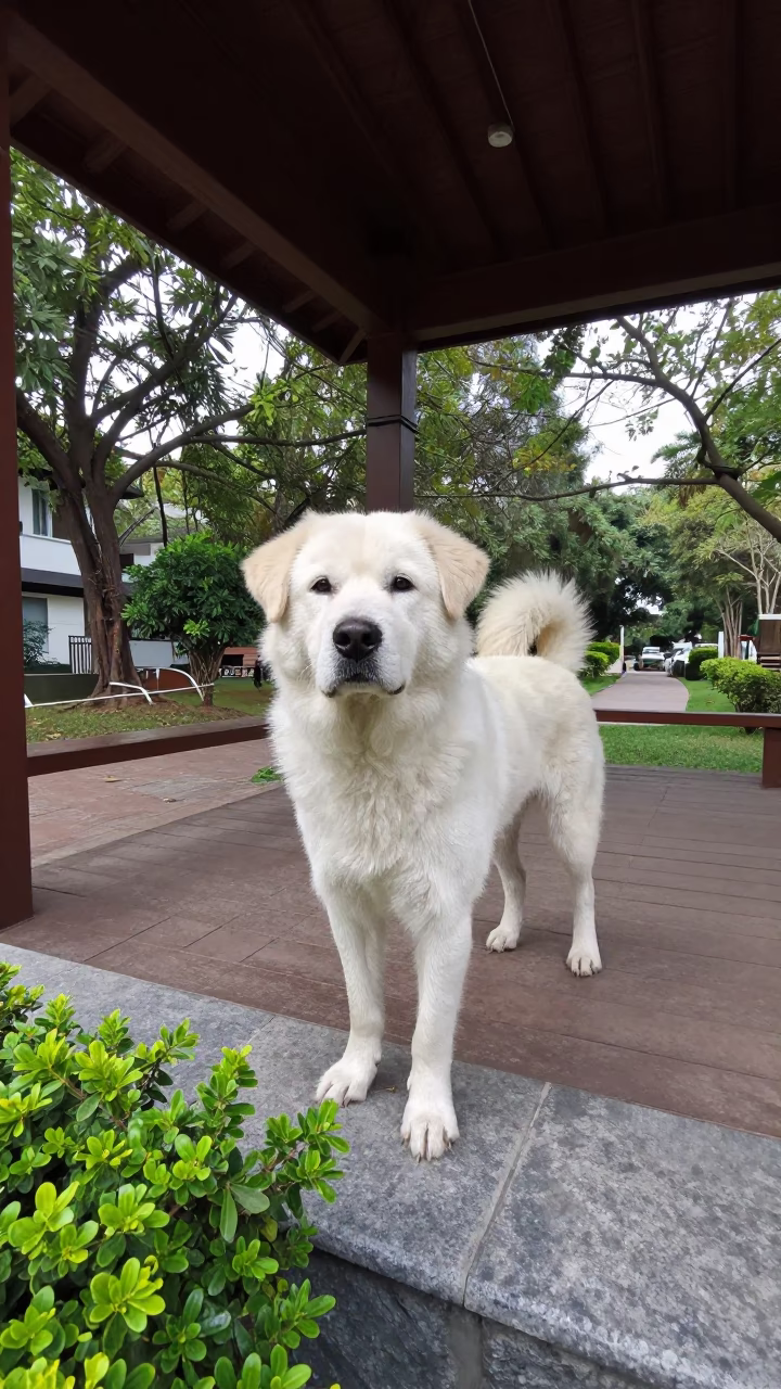 Kuvasz on shaded porch near Nagpur path in along a quiet park path with soft open shade and a clean background near Nagpur