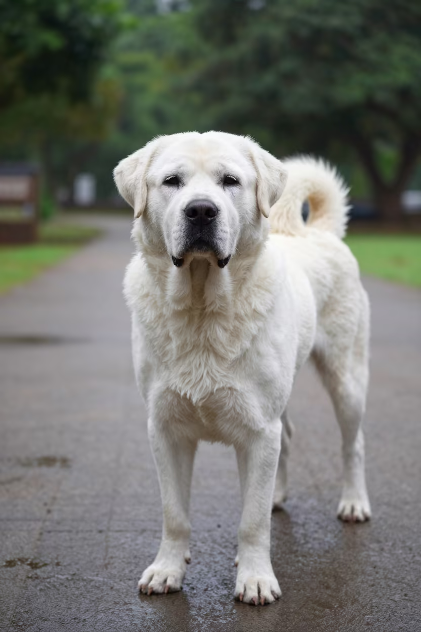Kuvasz Portrait Along Quiet Park Path in Karaikudi in along a quiet park path with soft open shade and a clean background in Karaikudi