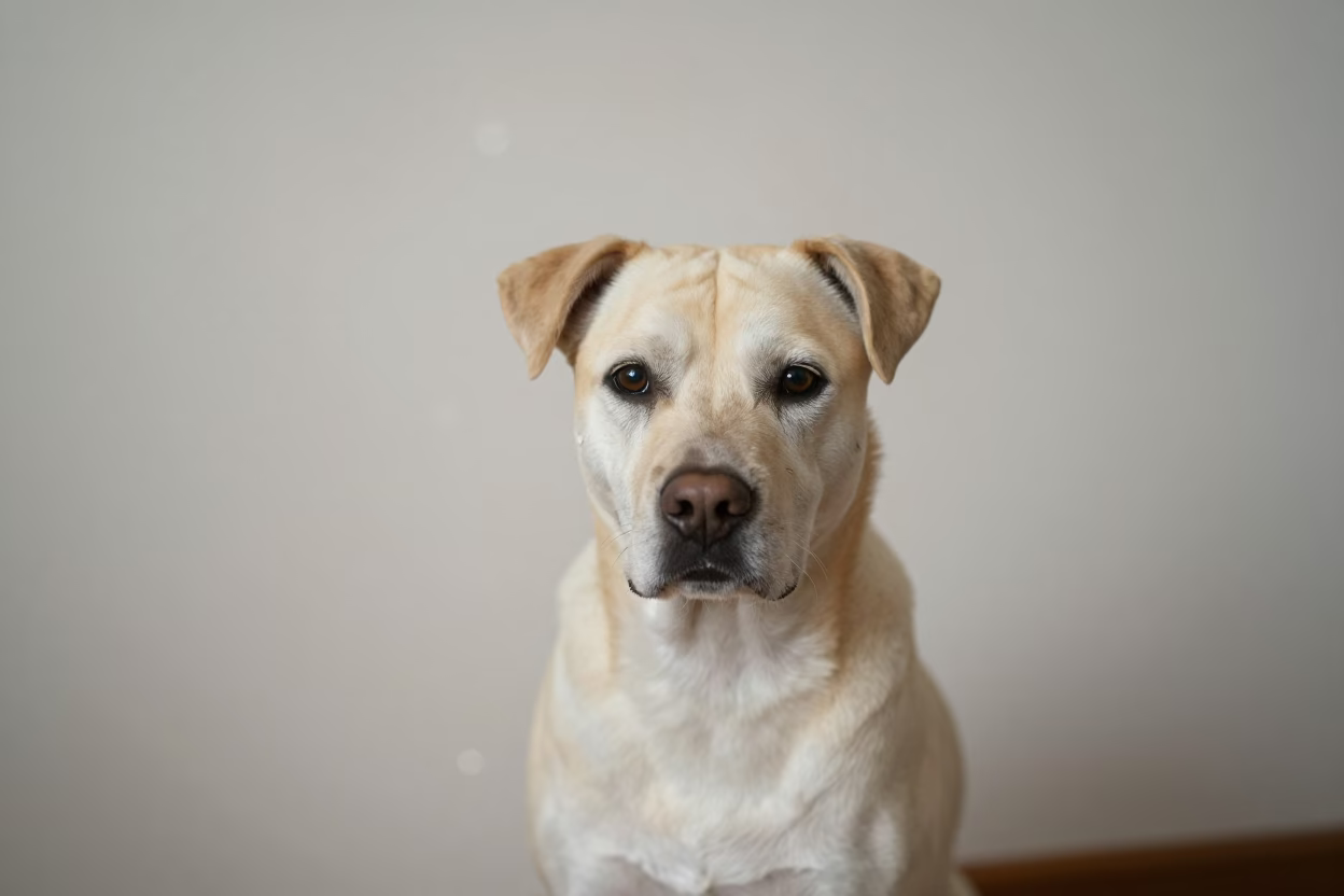 Kuvasz Portrait Beside Plaster Wall in Mogadishu in beside a plain plaster wall in soft indoor light with the animal centered in frame in Mogadishu