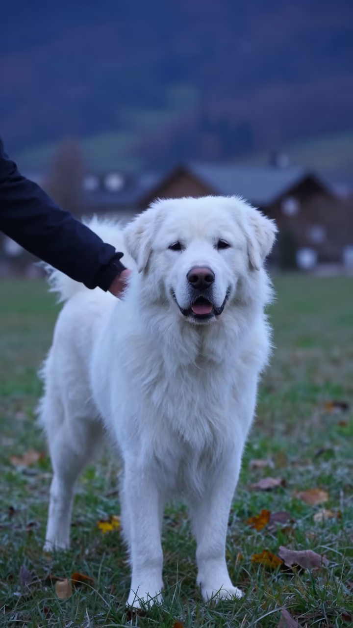 Kuvasz Portrait in Autumn Twilight Near Trento in along a quiet park path with soft open shade and a clean background near Trento