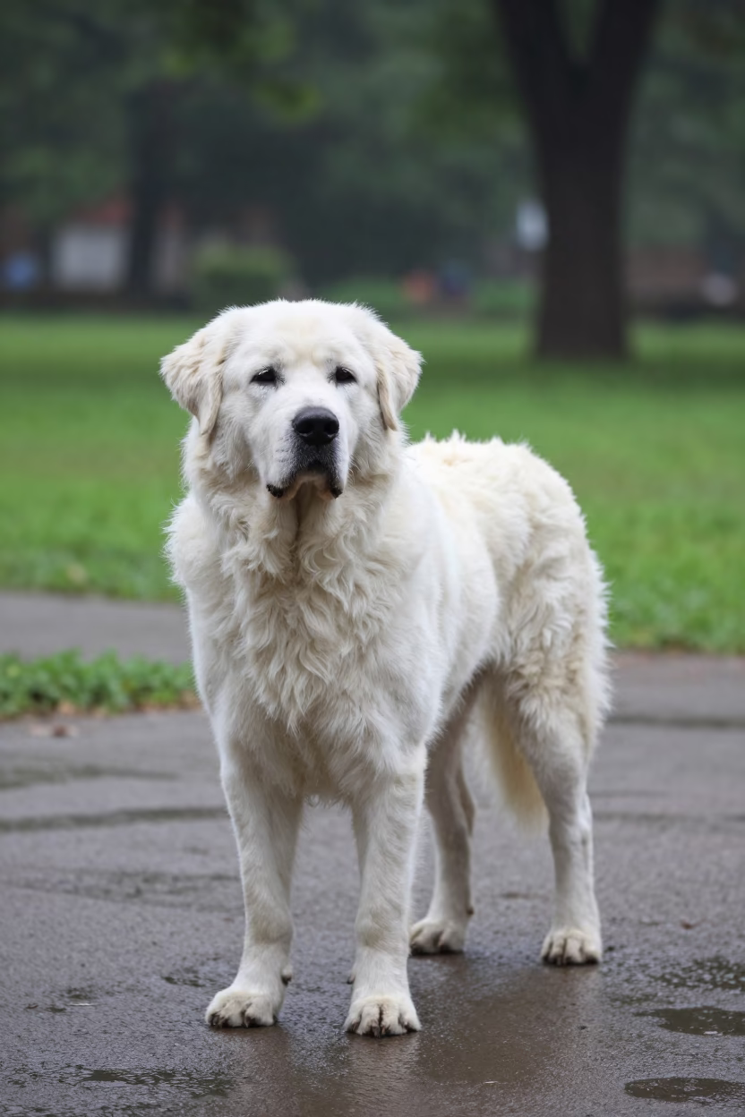 Kuvasz Portrait on Multan Park Path After Rain in along a quiet park path with soft open shade and a clean background in Multan