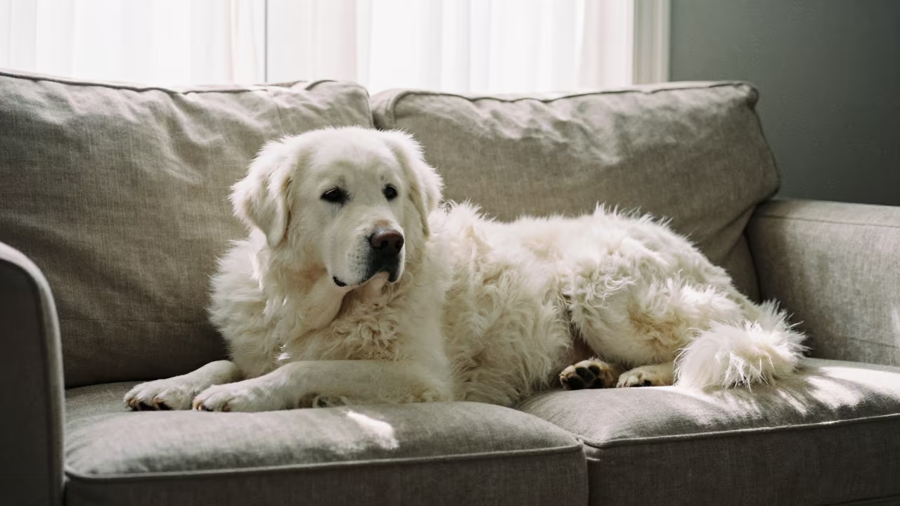 Kuvasz Resting on Linen Sofa in Morning Light in on a linen sofa with daylight from a nearby window near Madison