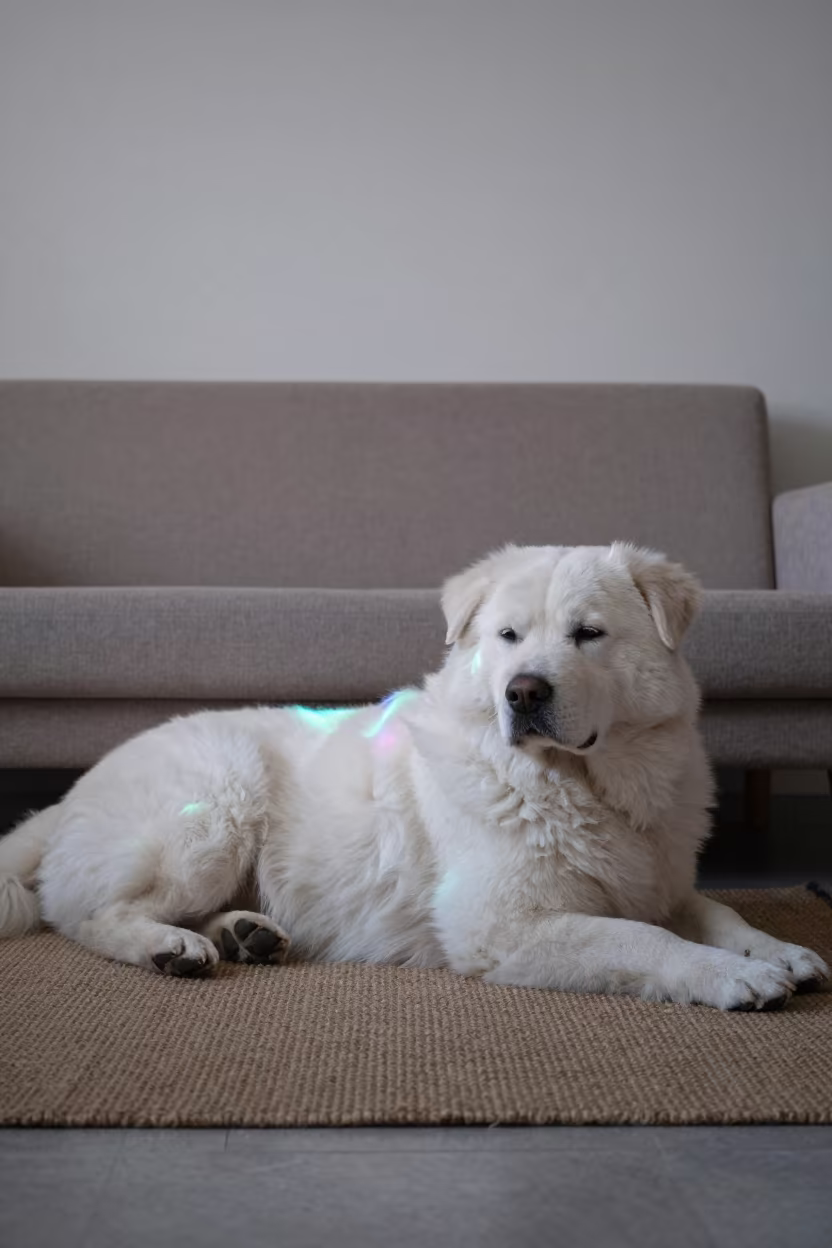 Kuvasz Resting on Rug in Almaty Home in on a woven rug beside a low couch and an uncluttered wall in Almaty