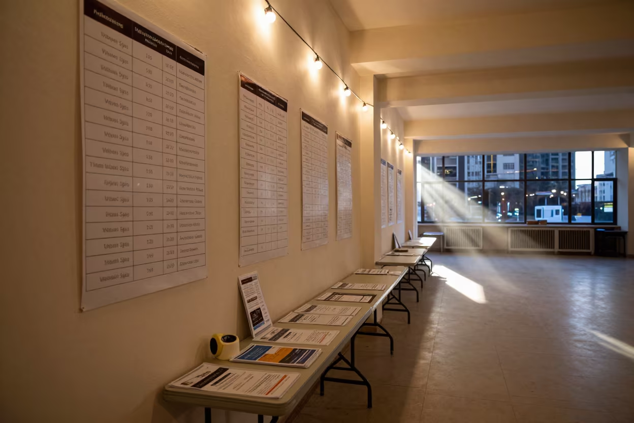 Kuwait Campaign Office Wall Charts and Flyers in in a community center hall in Kuwait City