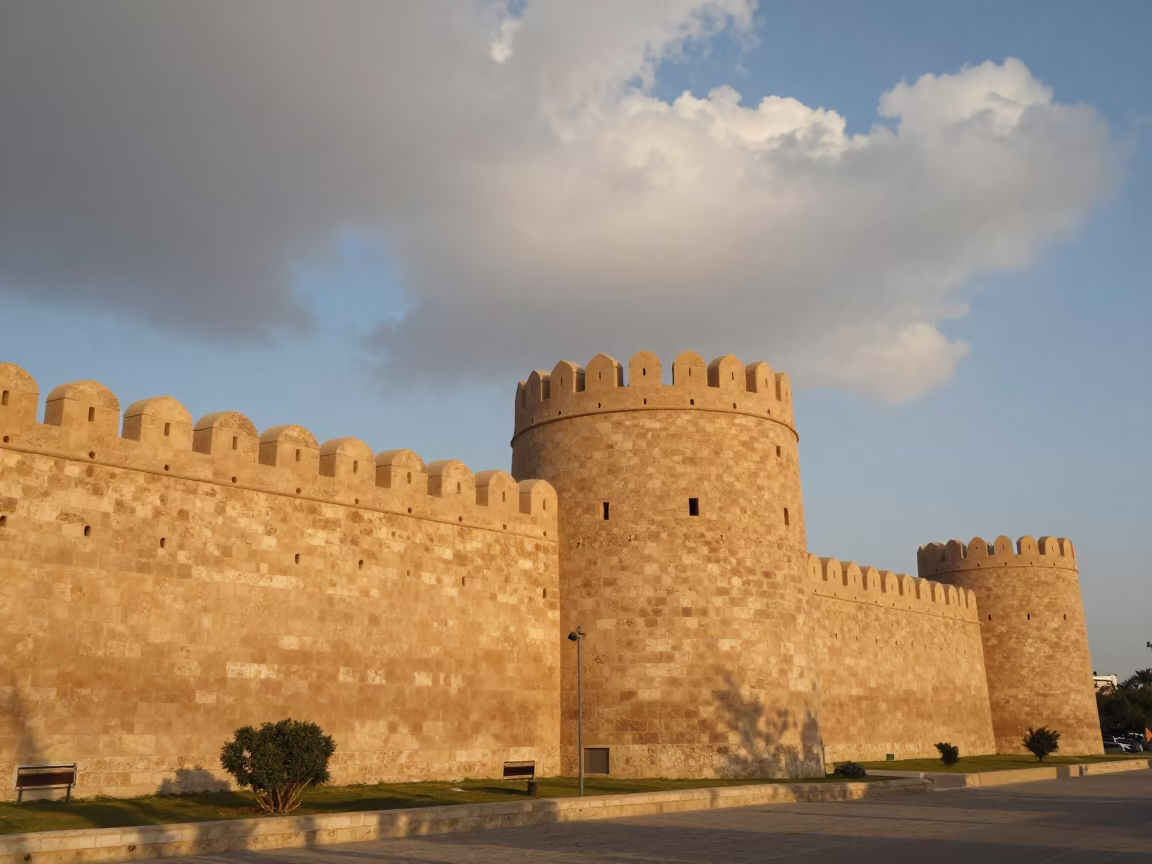 Kuwait Fortress Wall in Evening Honeyed Light in outside a wind-scoured fortress wall in Kuwait City
