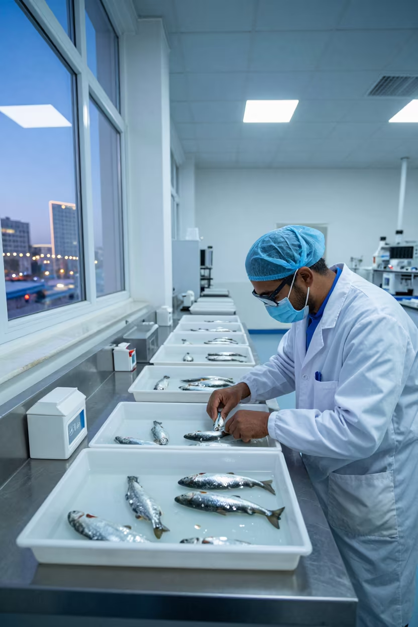 Kuwait Hatchery Biologist Measuring Salmon Fry in Cool Blue Twilight in in a bright laboratory in Kuwait City