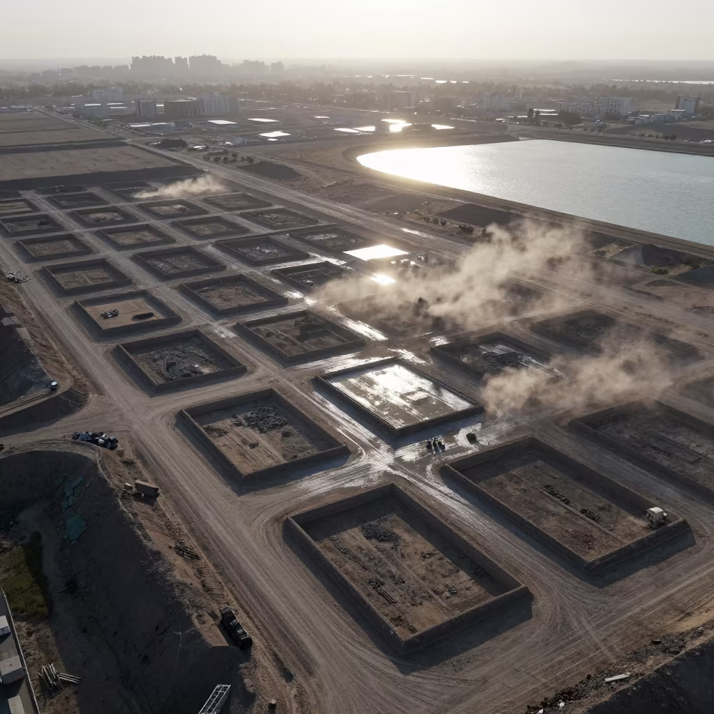 Kuwait Landfill Aerial View Geometric Cells in high above patterned rooftops in Kuwait