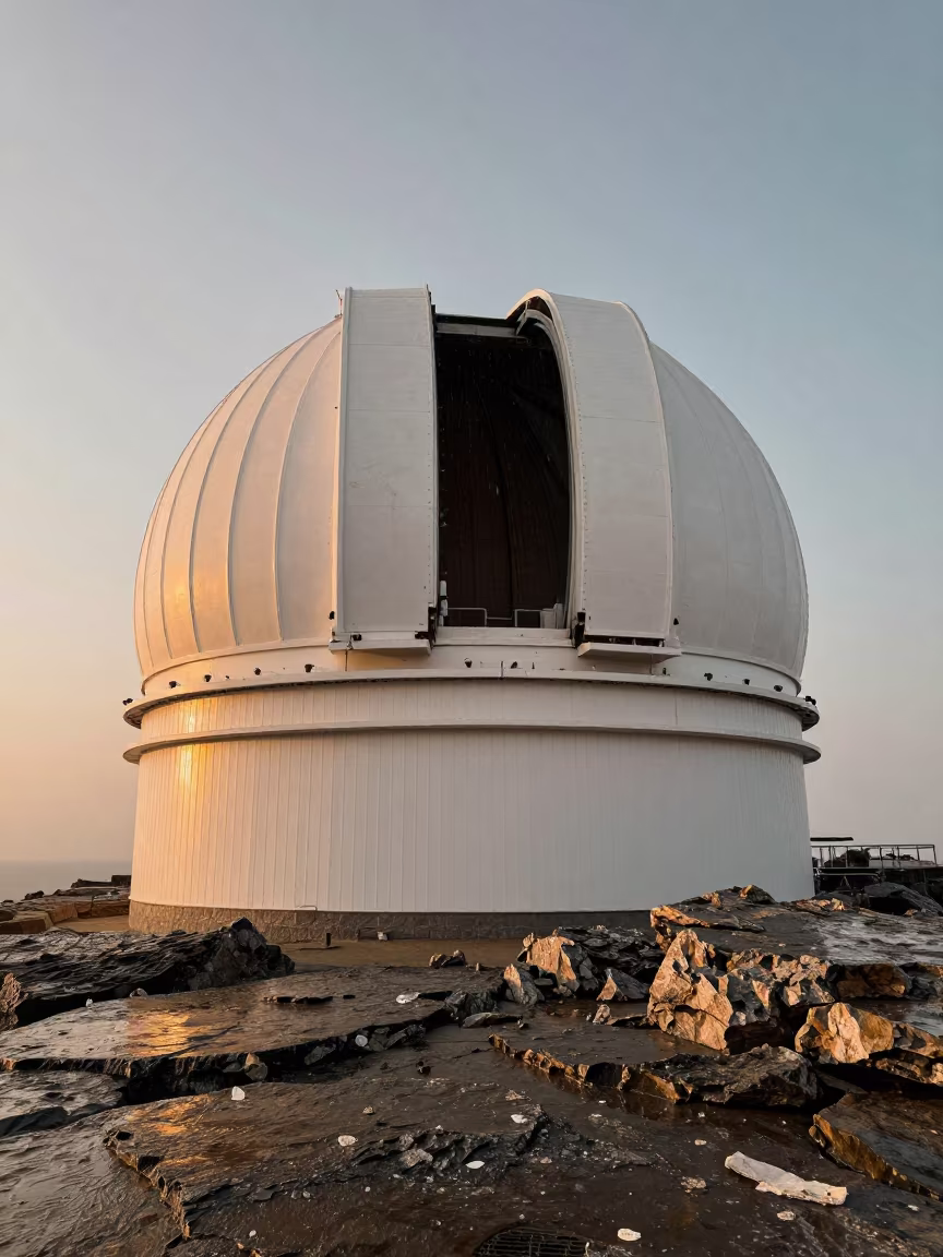 Kuwait Observatory Dome Drizzle Sunset in along a rocky geology outcrop in Kuwait