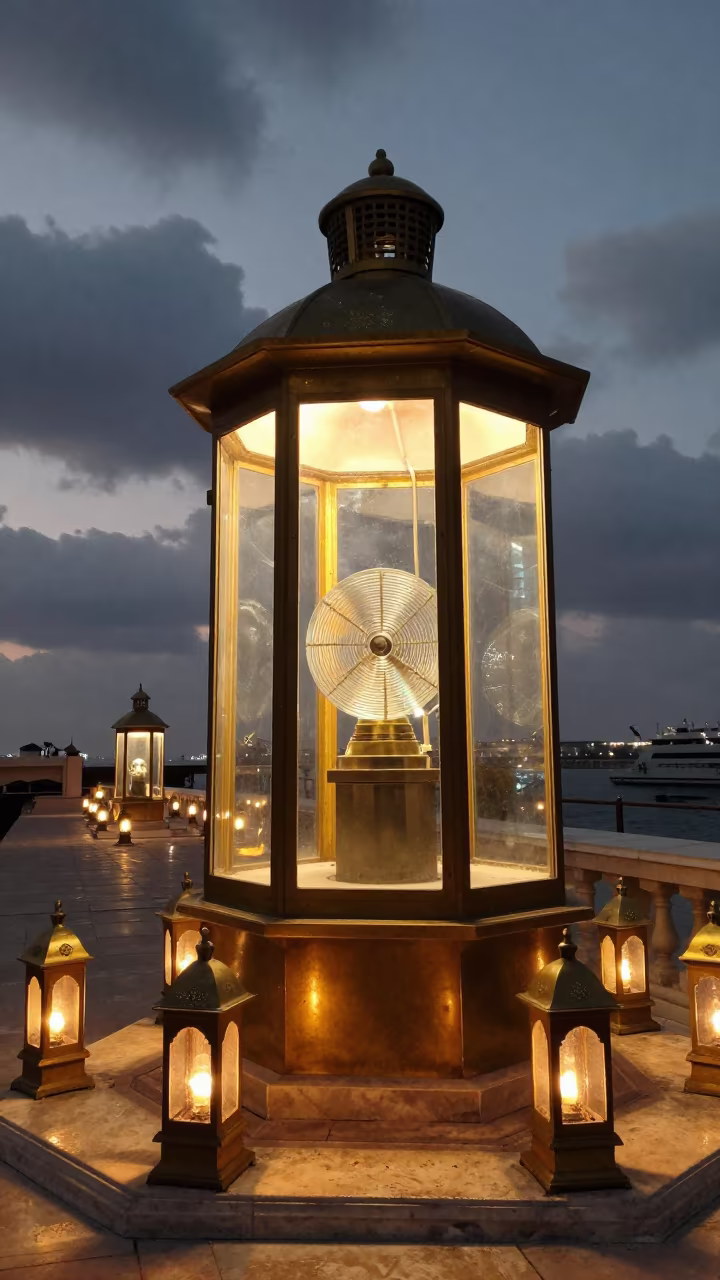 Kuwaiti Lighthouse Lantern Room with Fresnel Lens in in a shrine lined with lanterns near Kuwait City