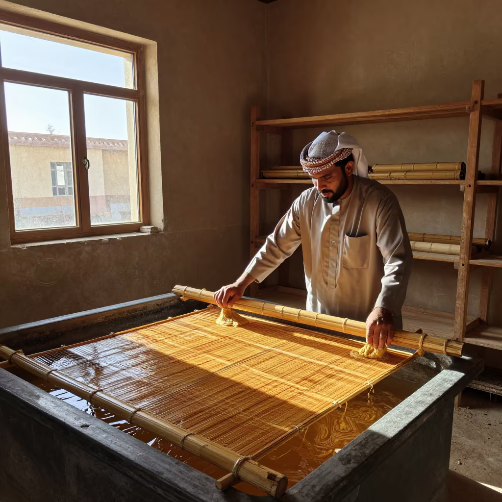 Kuwaiti Paper Maker Dipping Screen in Atelier in in an atelier in Kuwait City