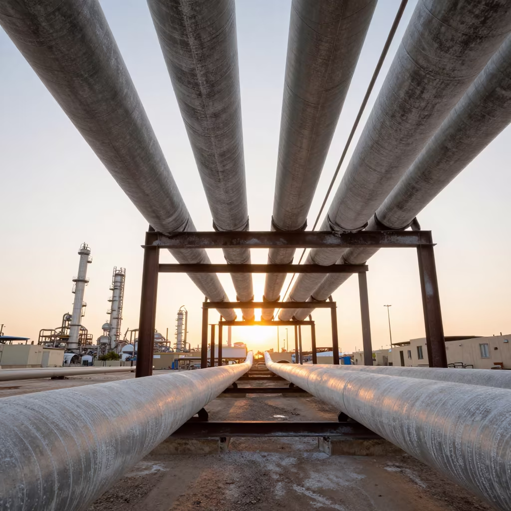Kuwaiti Sugar Refinery Pipes with Chalky Residue in beside exposed structural steel in Kuwait