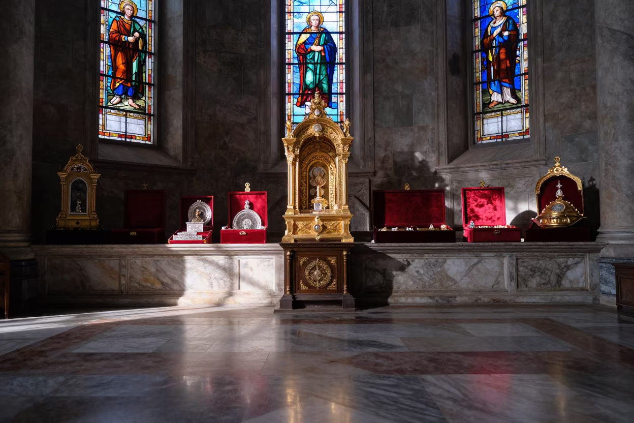 Kyiv Cathedral Treasury Reliquaries in Stained Light in at the foot of a stone altar in Kyiv