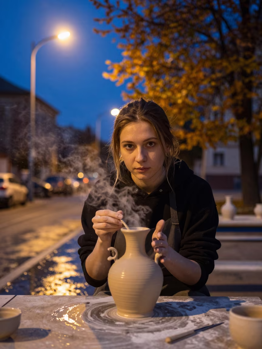 Kyiv Ceramic Artist Under Sodium Streetlight in in Kyiv