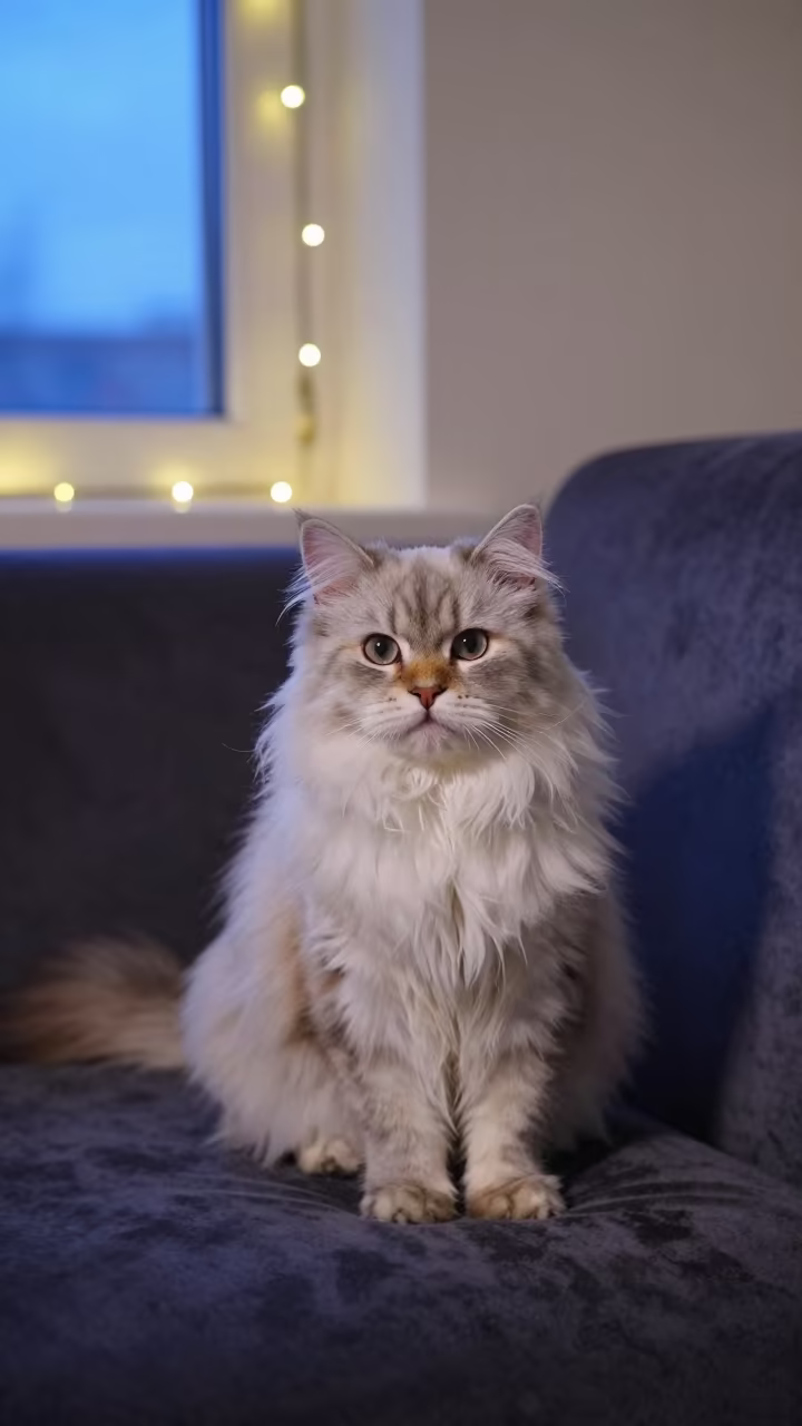 Kyiv Munchkin Longhair Cat Portrait Blue Hour in on a sofa near a curtained window with calm indoor light in Kyiv