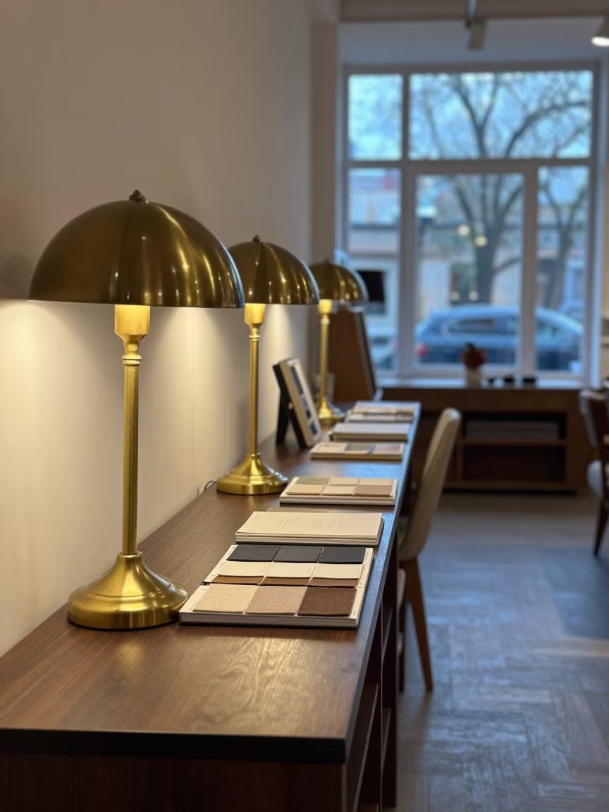 Kyiv Showroom Brass Lamps Swatches Evening in inside a fitting room corridor in Kyiv