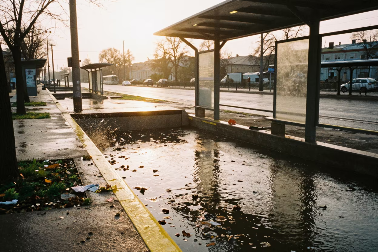 Kyiv Tram Stop Underpass Flooded Spring Rain in at a tram stop in Kyiv