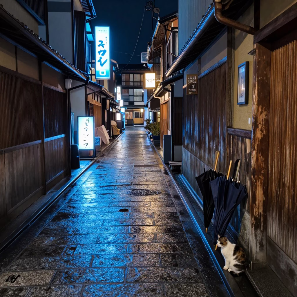 Kyoto Alley Night Umbrellas and Cat Under Neon Signage in in Kyoto, Japan
