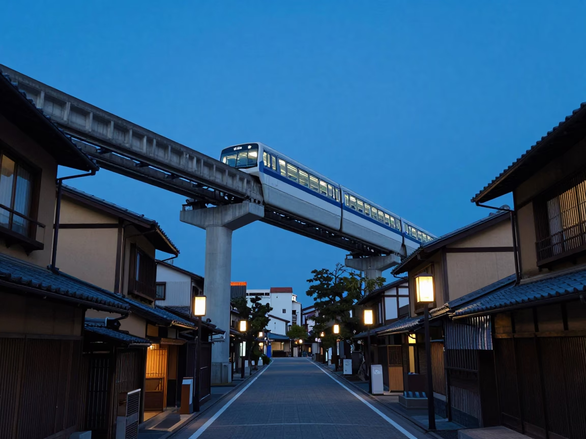 Kyoto Blue Hour Street Scene with Monorail and Traditional Architecture in in Kyoto, Japan