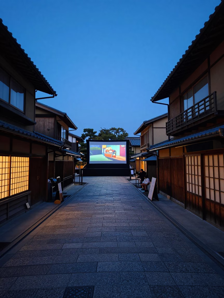 Kyoto Blue Hour Street Scene with Outdoor Cinema and Local Life in in Kyoto, Japan