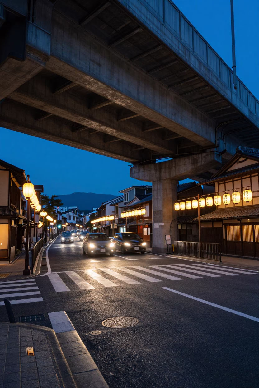 Kyoto Blue Hour Street Scene with Traditional Lanterns and Modern Traffic Underpasses in in Kyoto, Japan