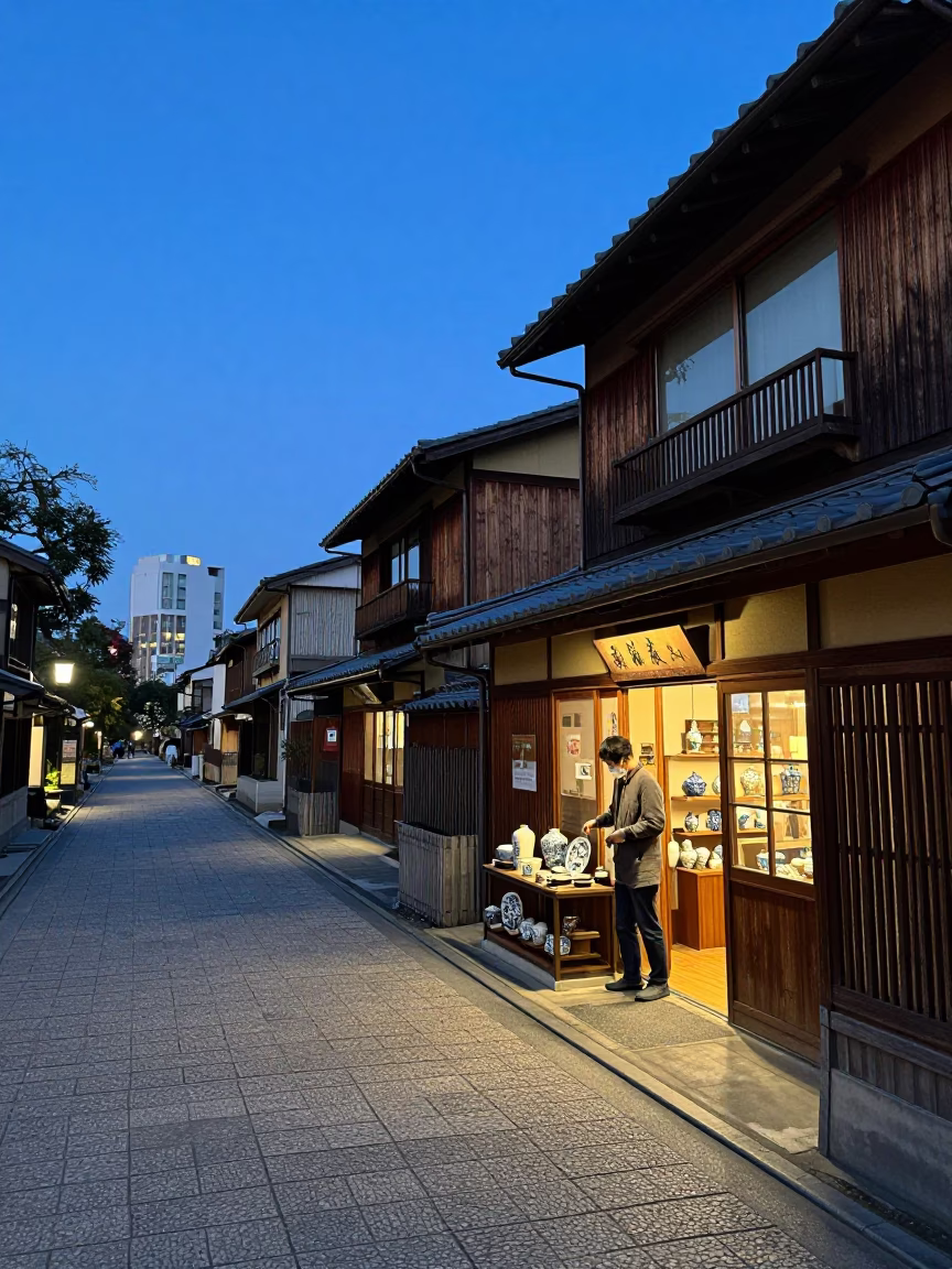 Kyoto Blue Hour Street Scene with Traditional Porcelain and Modern Urban Details in in Kyoto, Japan