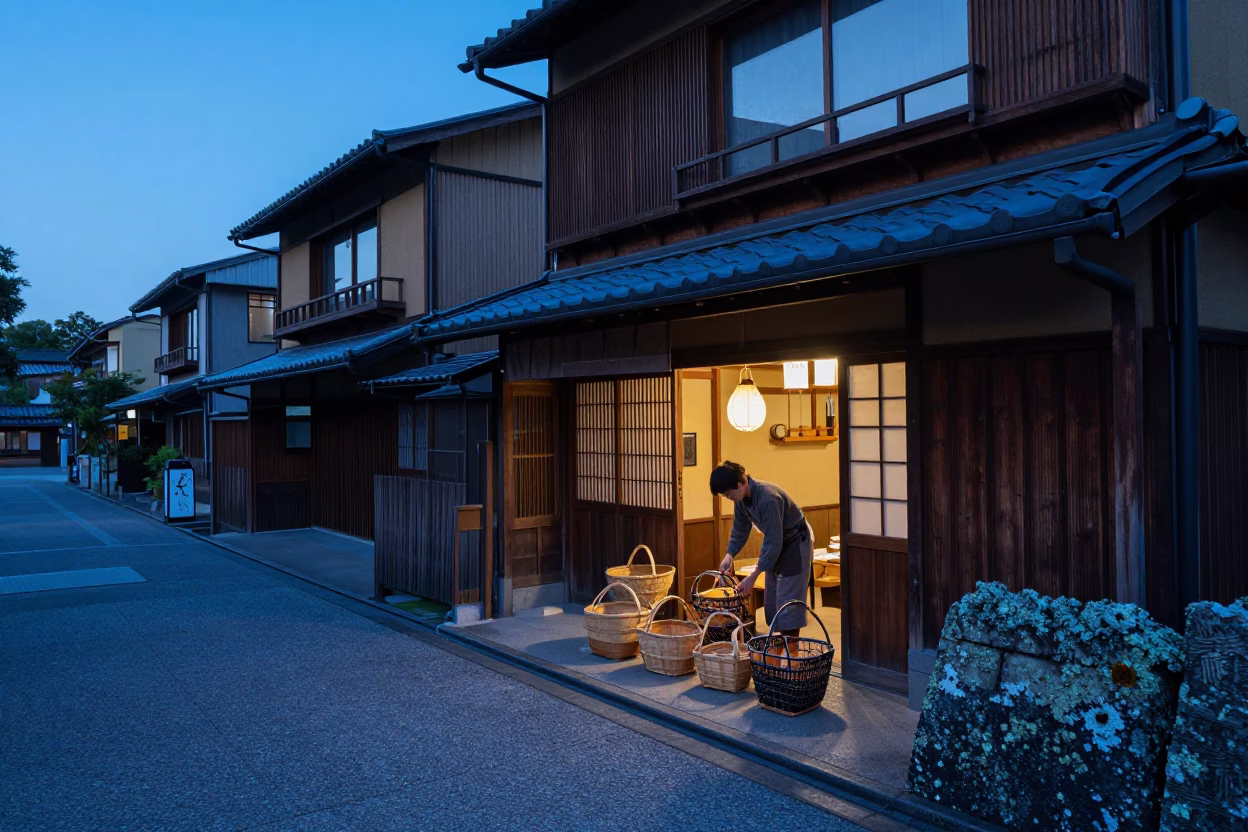 Kyoto Blue Hour Street Scene with Woven Baskets and Lichen Parapets in in Kyoto, Japan