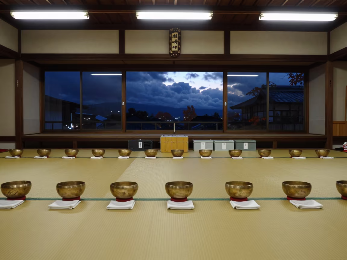 Kyoto Ceremonial Hall Brass Bowls Night Rehearsal in in a ceremonial hall in Kyoto