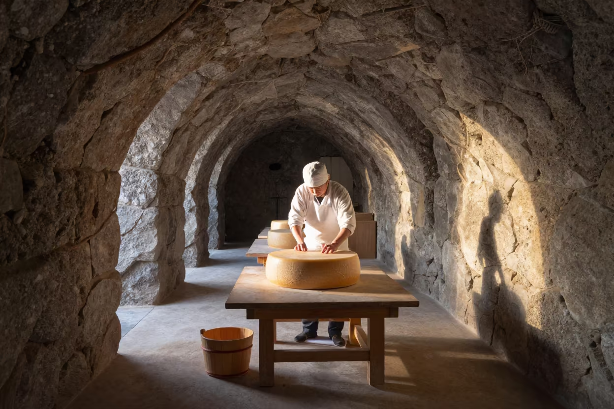 Kyoto Cheese Maker in Cave Studio Before Dawn in in a studio in Kyoto