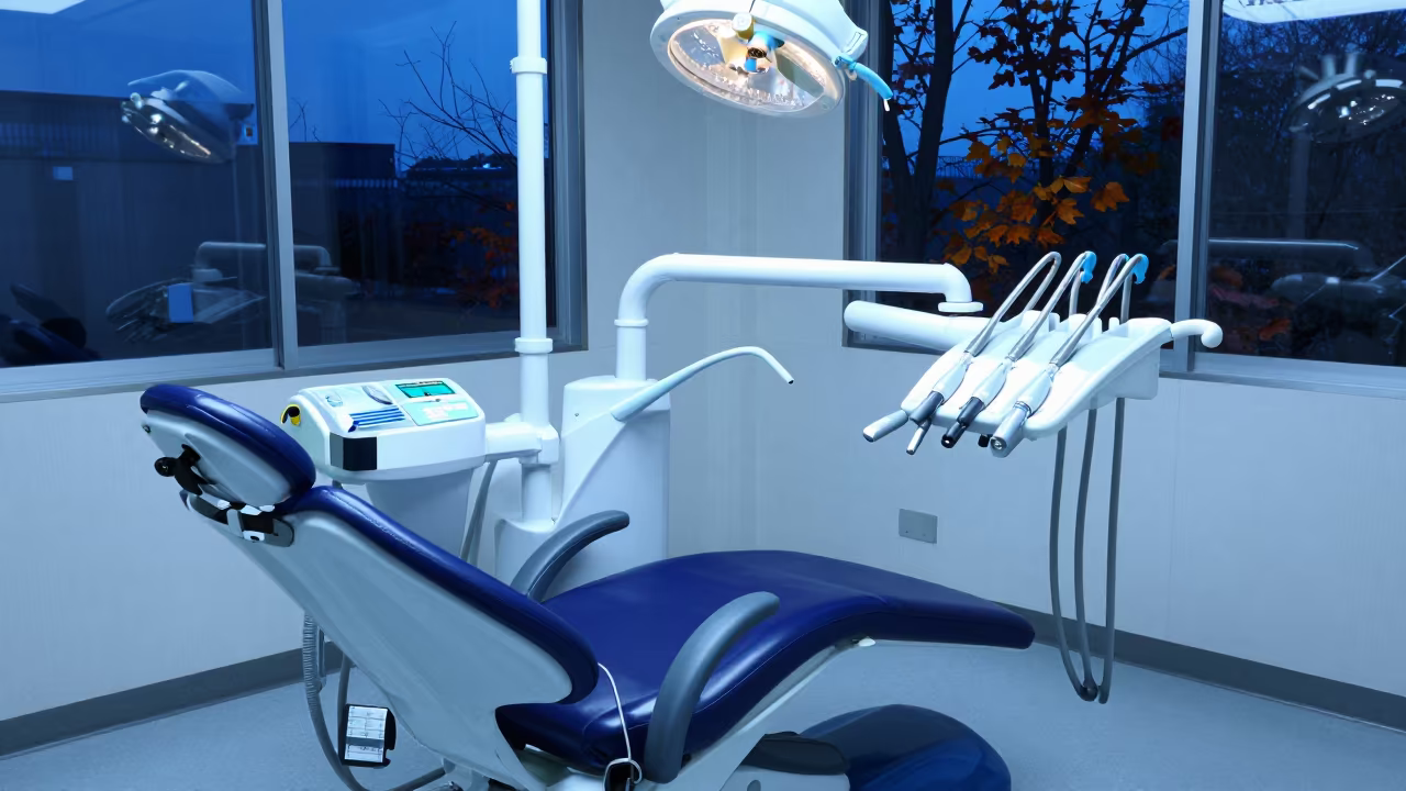 Kyoto Clinic Dental Chair Blue Hour Twilight in inside a clinic exam room in Kyoto