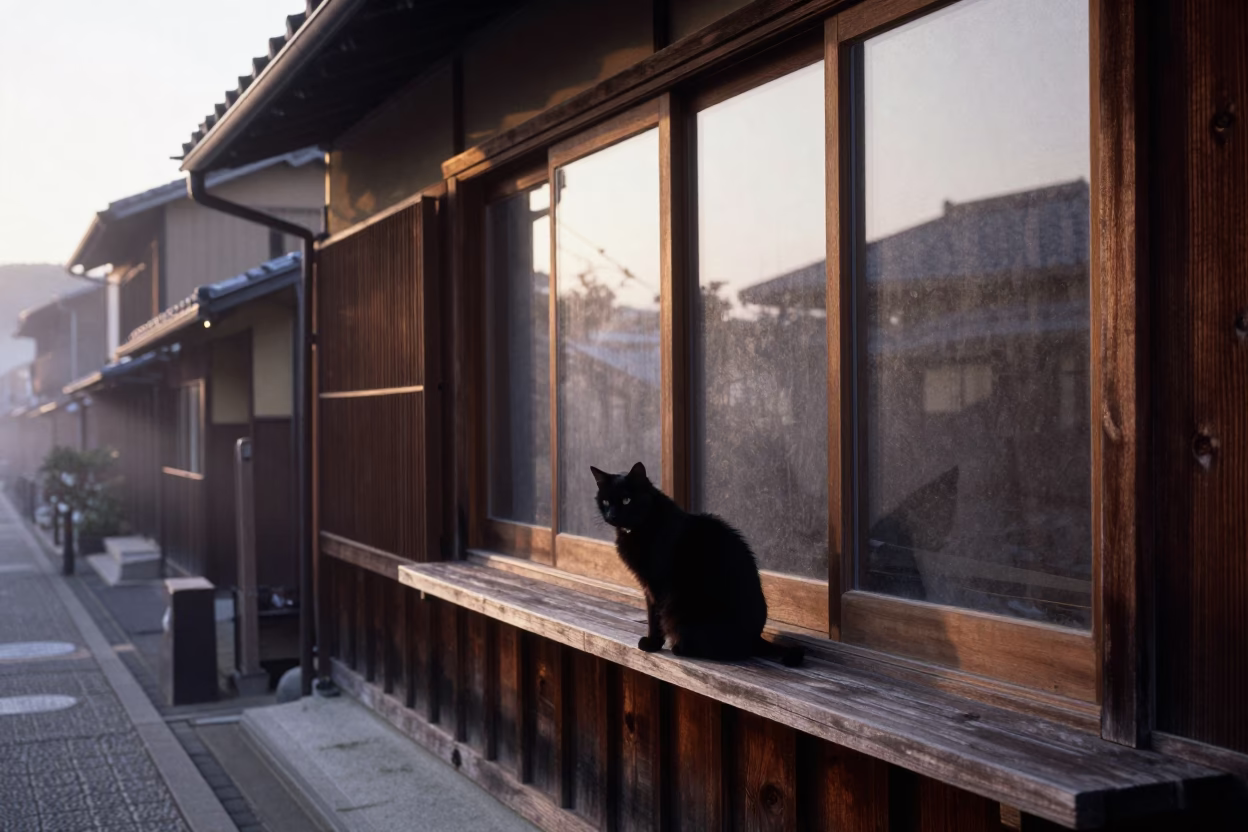 Kyoto Dawn Street Scene with Black Cat on Windowsill and Flower Box in in Kyoto, Japan