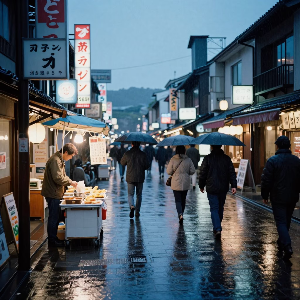 Kyoto Dusk Light Rain Street Scene with Vendor and Pedestrians in in Kyoto, Japan