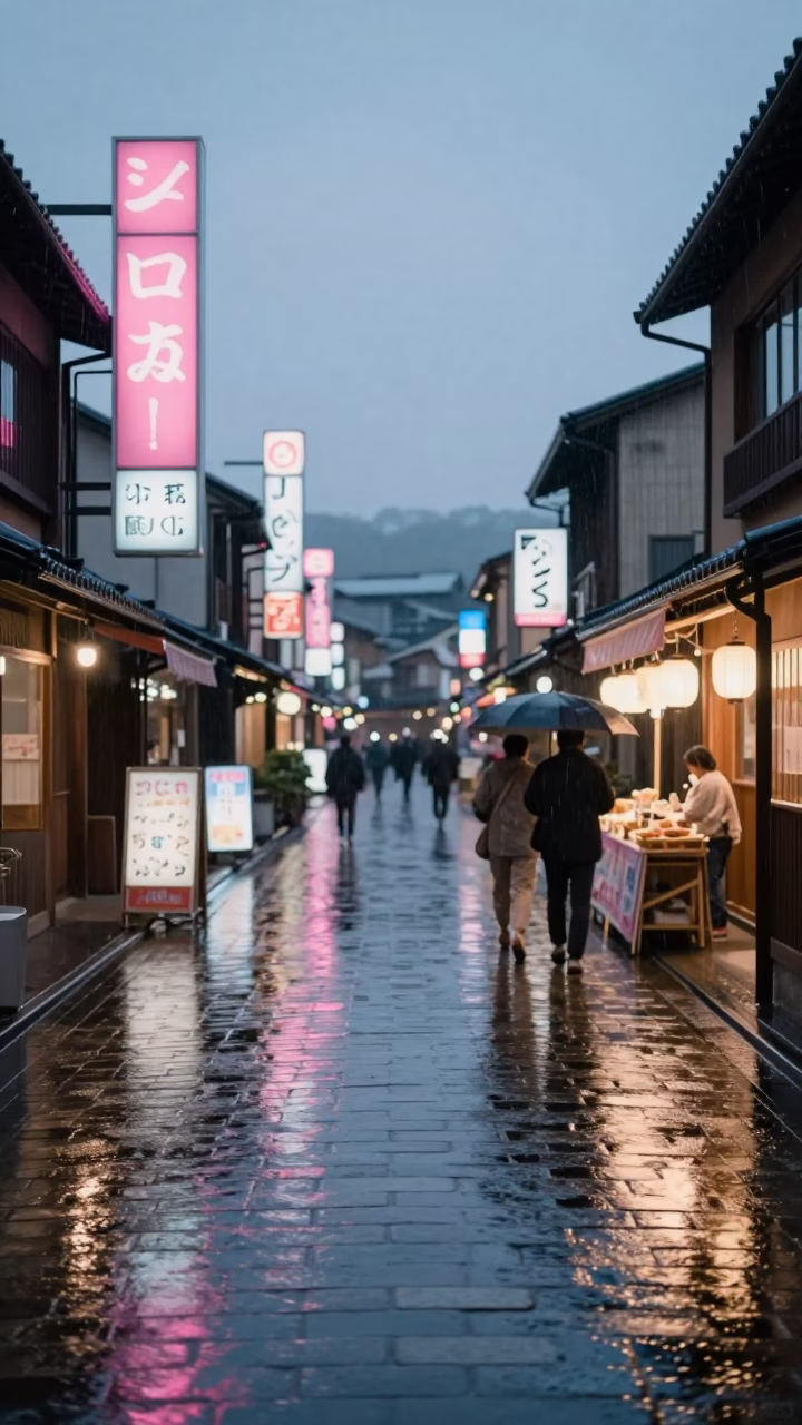 Kyoto Dusk Rain Reflections on Wet Cobblestones with Vendor Umbrella in in Kyoto, Japan