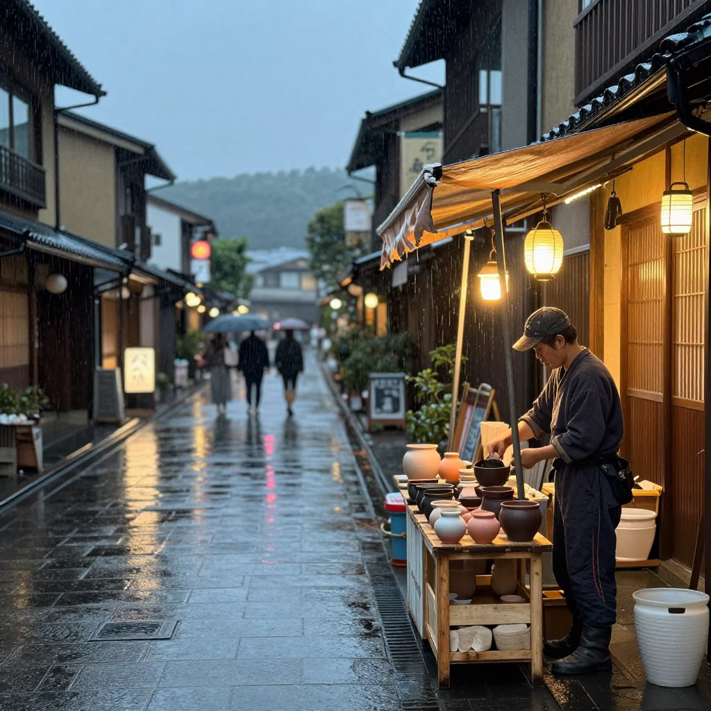 Kyoto Dusk Rain Street Scene with Vendor and Clay Pots in in Kyoto, Japan
