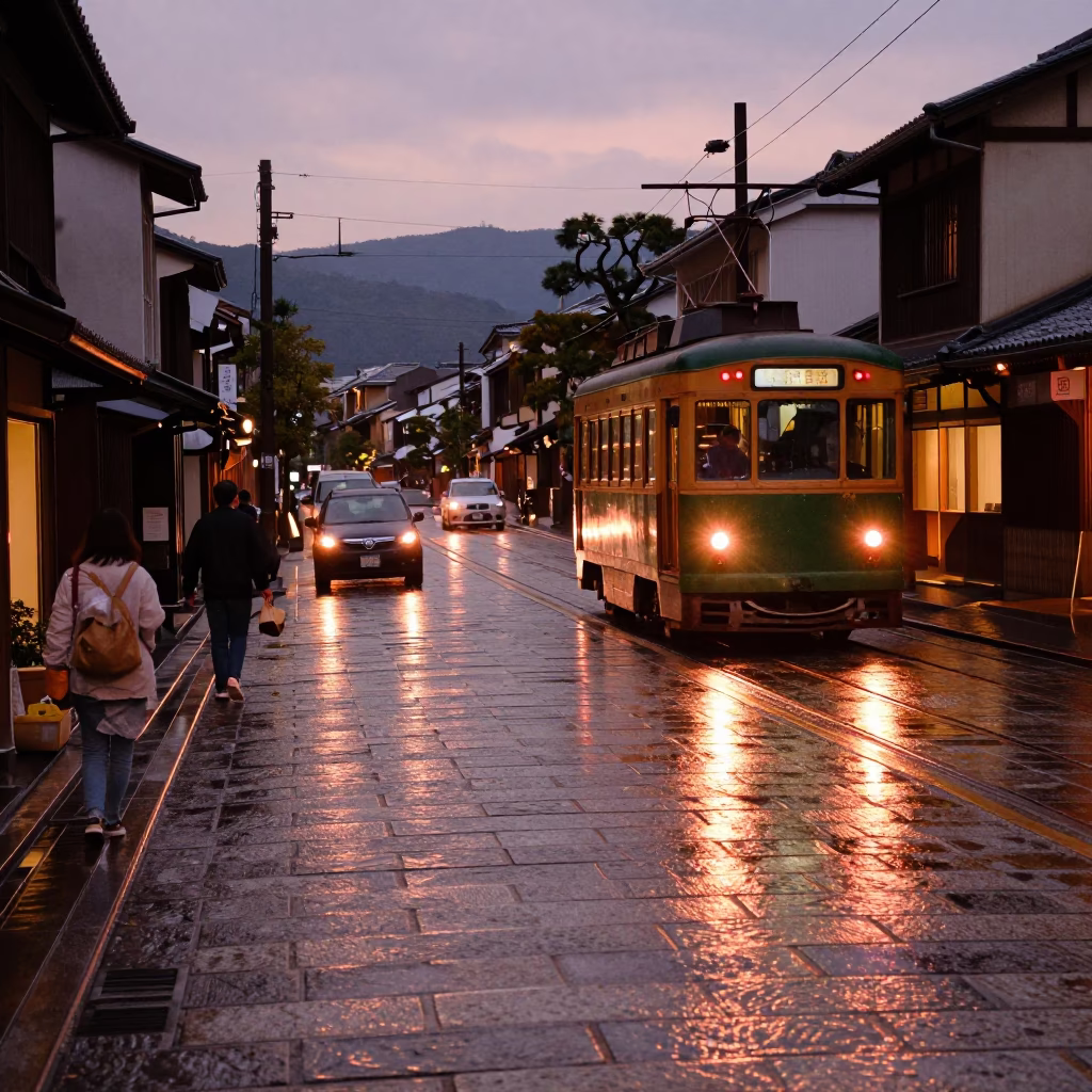 Kyoto Dusk Street Scene with Wet Flagstones and Tram Reflections in in Kyoto, Japan