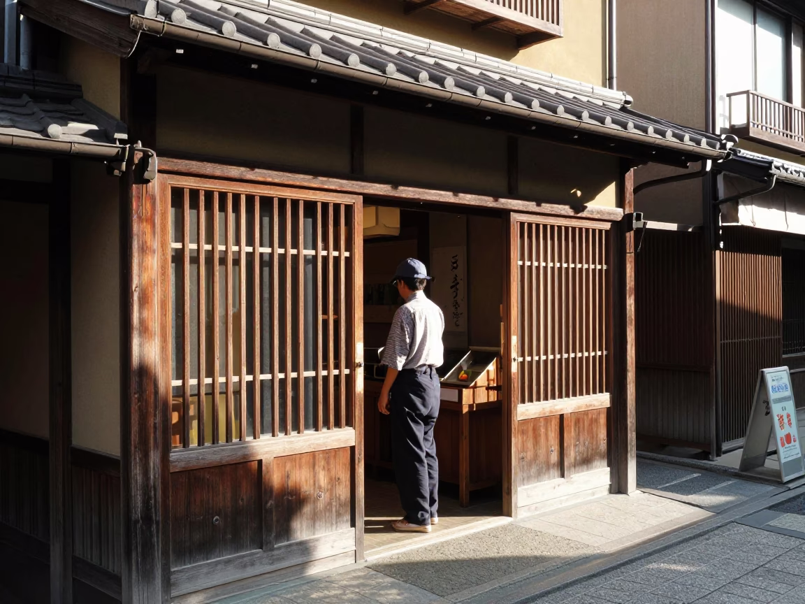 Kyoto Early Afternoon Street Scene with Traditional Doorframe and Local Life in in Kyoto, Japan