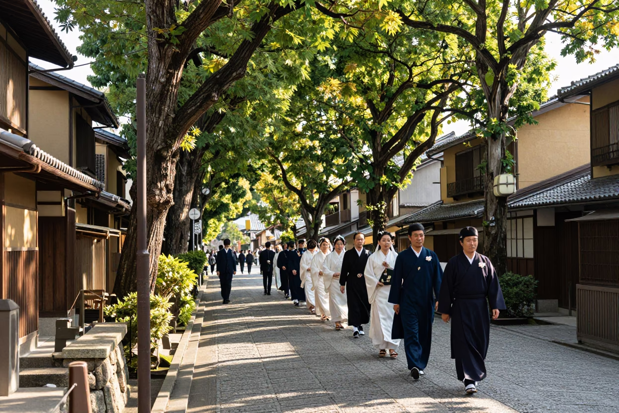 Kyoto Early Afternoon Street Scene with Traditional Wedding Procession and Leaf Shadows in in Kyoto, Japan