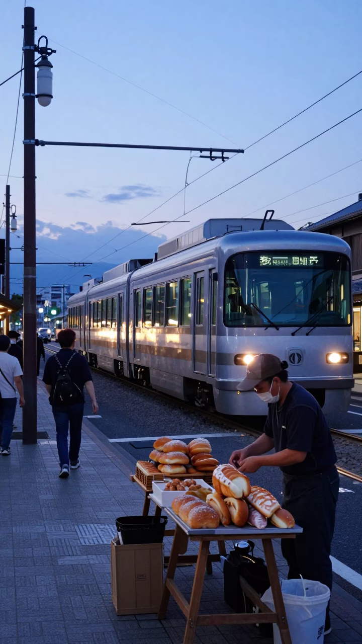Kyoto Early Evening Street Scene with Monorail and Local Market Activity in in Kyoto, Japan