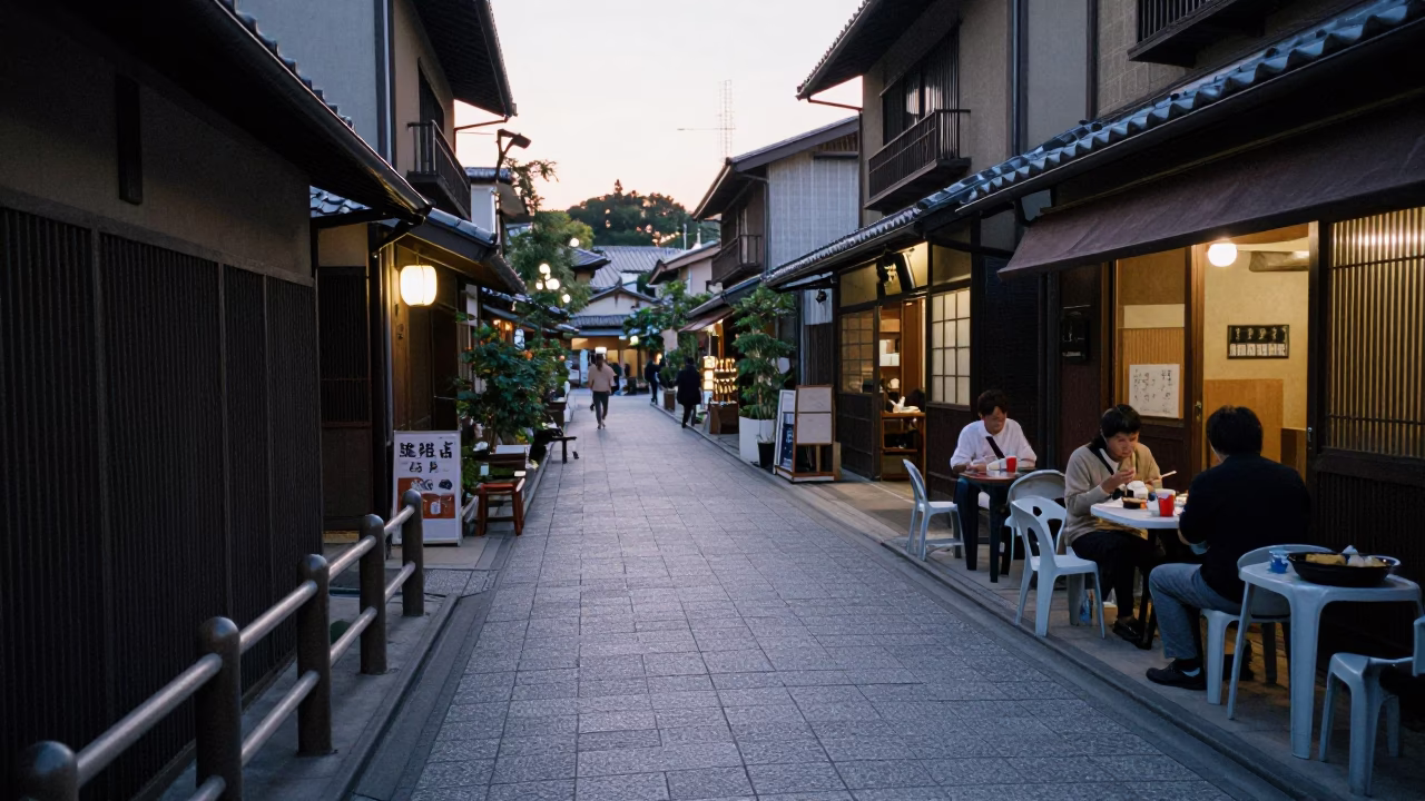 Kyoto Early Evening Street Scene with Peg Rail and Local Diners in in Kyoto, Japan