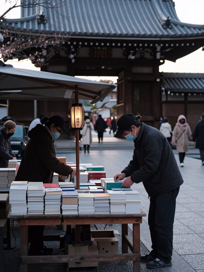 Kyoto Early Morning Street Scene with Books and Tea Stains in in Kyoto, Japan