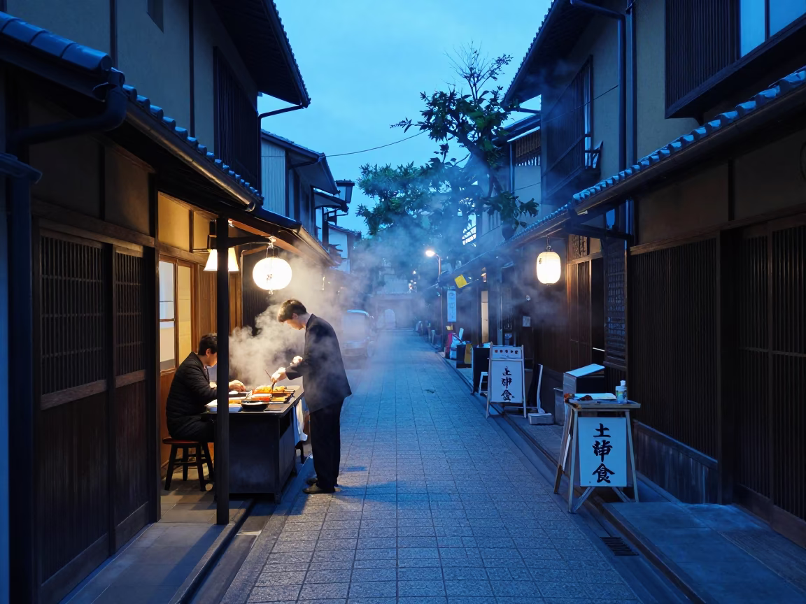 Kyoto Evening Blue Hour Steam Rising from Street Food Vendor Tile Grout in in Kyoto, Japan