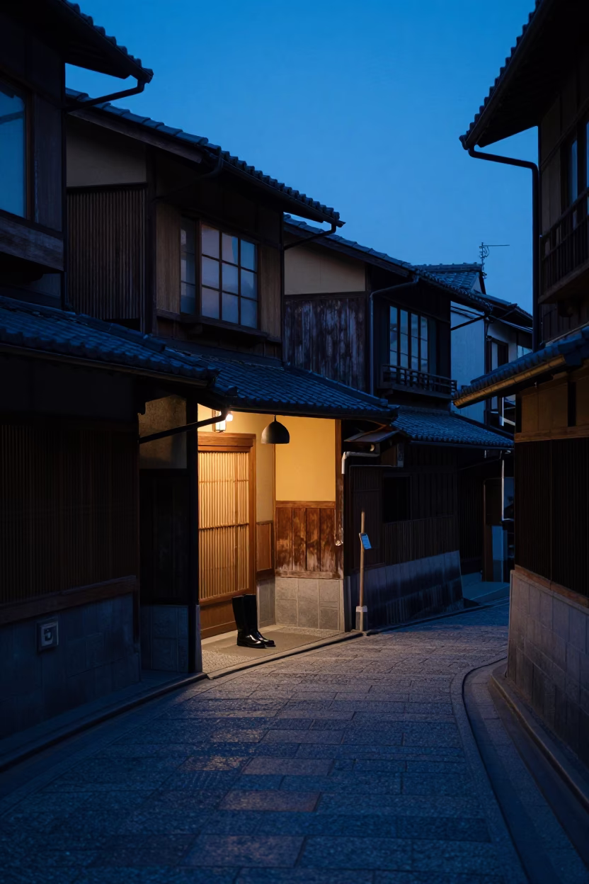 Kyoto Evening Blue Hour Street Scene with Traditional Boots and Shop Interior in in Kyoto, Japan