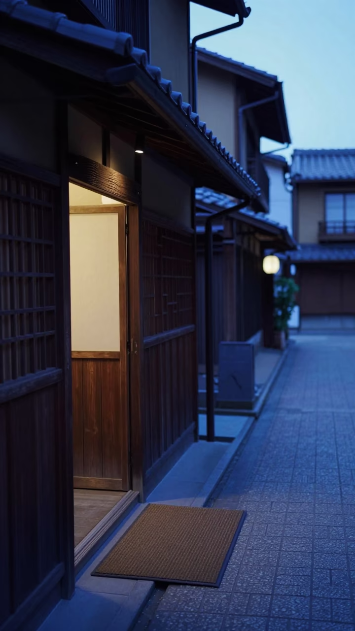 Kyoto Evening Blue Hour Street Scene with Traditional Doormat and Wooden Lintel in in Kyoto, Japan